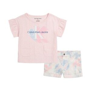 Calvin Klein Baby Girls Ruffled T Shirt & Denim Shorts, 2 Piece Pink 12 Months